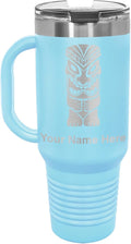 LaserGram 40oz Vacuum Insulated Travel Mug with Handle, Tiki Statue, Personalized Engraving Included (Light Blue)
