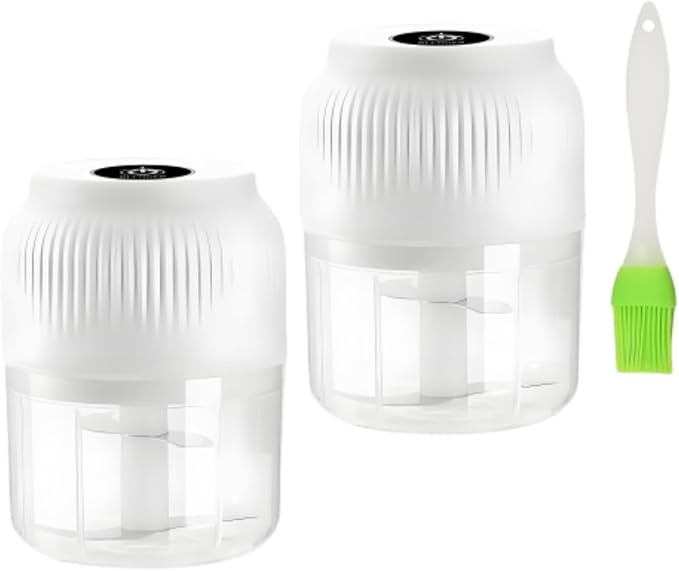 Electric Garlic Chopper, 300ml Mini Portable Veggie Cutter, Dicer with 4 Stainless Steel Blades, One-Touch Operation for Garlic, Onion, Nuts, Easy to Clean, Dishwasher Safe (2*White)
