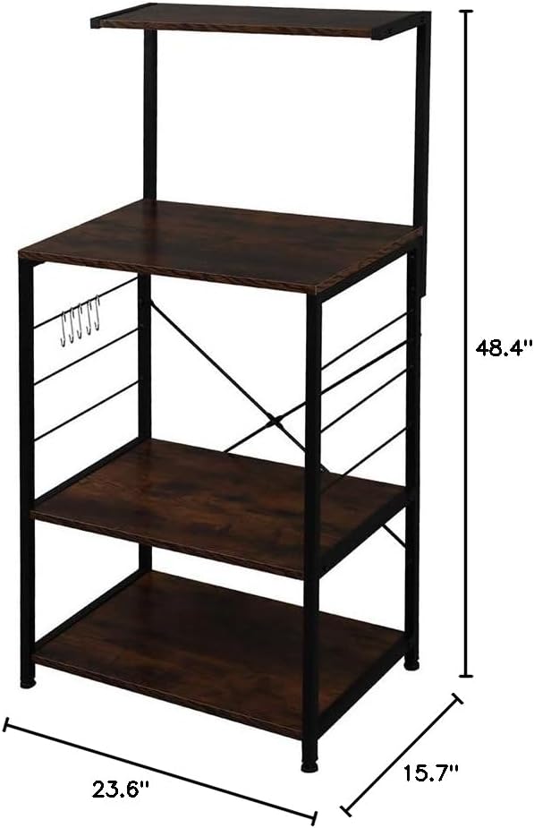 Kitchen Bakers Rack with Storage Shelves, Small Coffee Bar Table with 4 Hooks, 4 Tiers Microwave Stand Station with Adjustable Shelves, Freestanding Kitchen Appliance Organizer