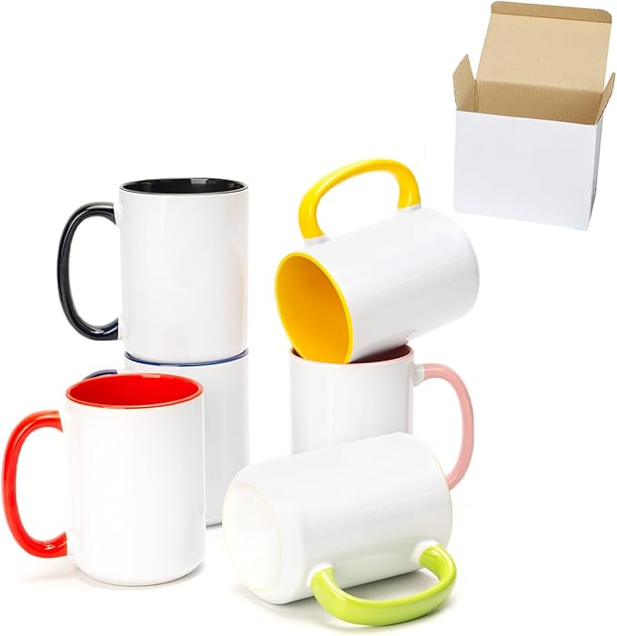 Ceramic 15oz White Sublimation Coffee Mug, 6 Assorted Colors of Black, Red, Blue, Yellow, Pink and Green, Case of 24
