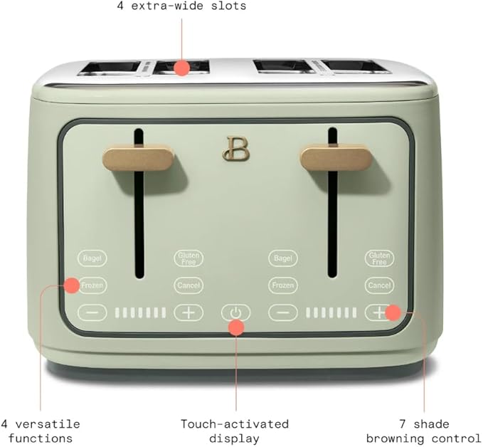 Beautiful 4-Slice Toaster by Drew Barrymore – Touch Display, Extra-Wide Slots, Bagel & Frozen Functions, Stainless Steel (Sage Green)