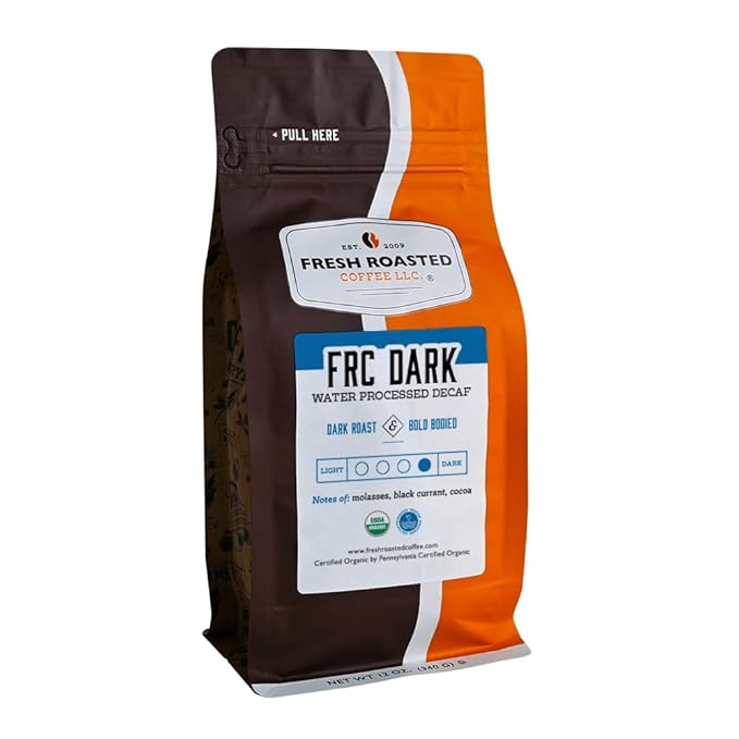 Fresh Roasted Coffee, Organic FRC Dark Water-Processed Decaf | USDA Organic, Kosher | Dark Roast 12 oz Whole Bean