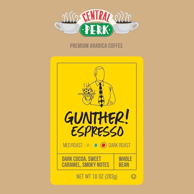 Central Perk Whole Bean Coffee "Gunther Espresso" Blend - Dark Roast, 100% Arabica Coffee Beans with Dark Cocoa, Sweet Caramel, Smoky, Full Body Flavors, 10oz Bag