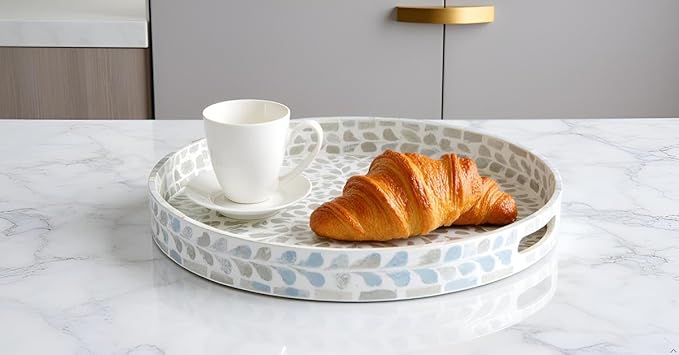 CLAYNIX Serving Tray 12.5 Inch, Lacquer Mother of Pearl Inlay Mosaic Tray, Round Wooden Marble Tray with Handles Trays for Tea, Breakfast (White)