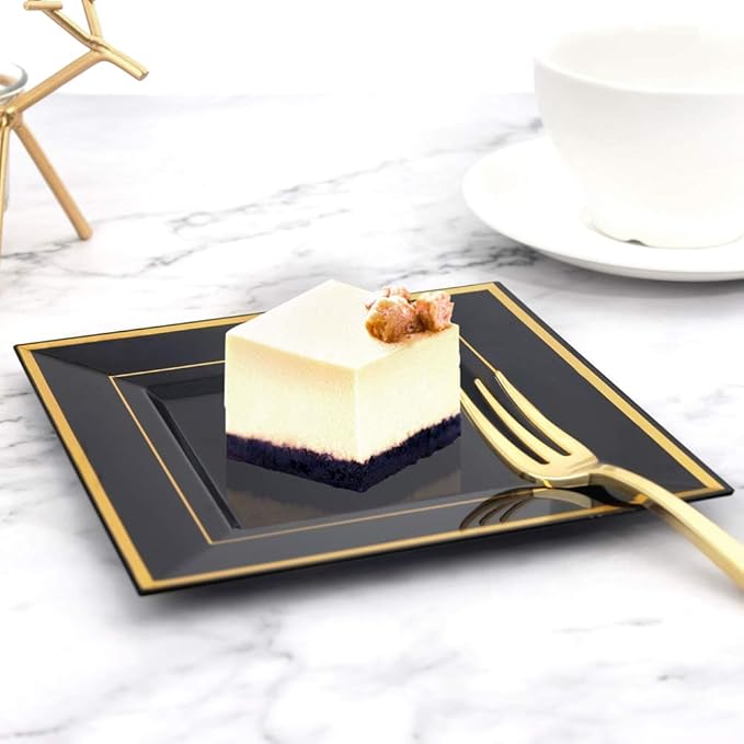 bUCLA 100PCS Black Square Plastic Plates with Gold Rim - 6 inch Disposable Dessert/Appetizer/Small Cake Plates for Party, Graduation & New Year