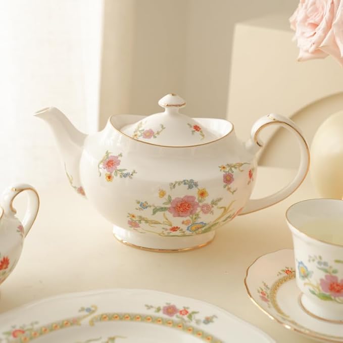 Aynsley Shangri-La Large Teapot 1200ml – Bone China Tea Pot with Floral & Vine Motifs, Elegant White Porcelain Teaware, Classic Gift for Tea Lovers