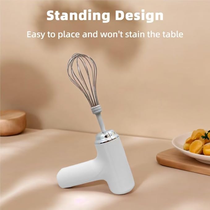 Cordless Hand Mixer, One Touch Off Handheld Electric Whisk with 3 Speed Modes, Hand Held Egg Beater with 2 Detachable Stir Whisks (White）