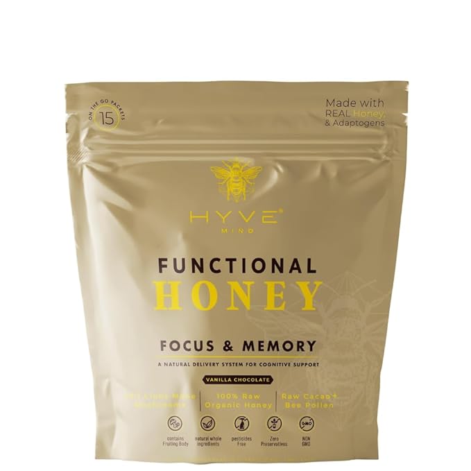 HYVE Mind Functional Honey – Focus & Memory Organic Honey with Lion's Mane Mushrooms, Raw Cacao, Bee Pollen & L-Theanine – Cognitive Support, 15 Packets