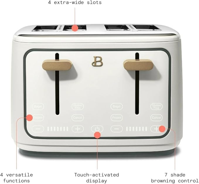 Beautiful 4 Slices Toaster - 7 Shade Settings, Touch Display, Extra-Wide Slots for Bagels, Gluten-Free & Frozen Presets, LED Countdown, Removable Crumb Tray, 1800-watt toasting (White Icing)