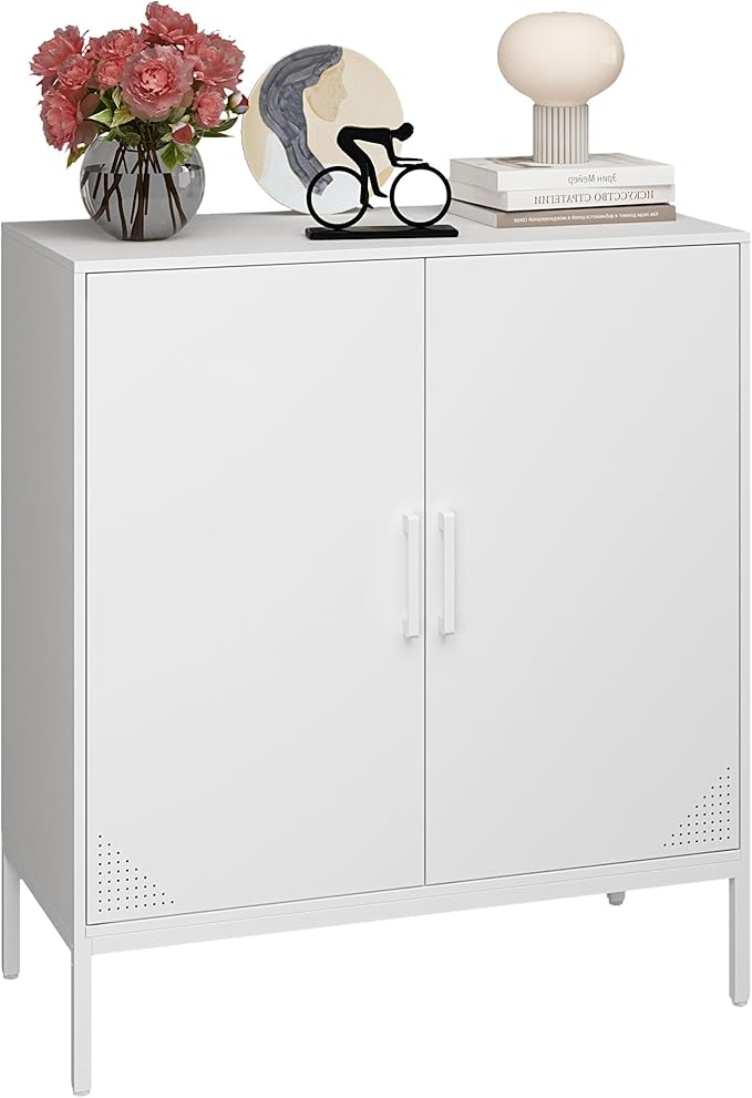Metal Storage Cabinet with Adjustable Shelves, Steel Buffet Sideboard for Entryway, Living Room, Dining Room, Kitchen, Office, Bar (White, 31.5" D x 15.75" W x 35.43" H)