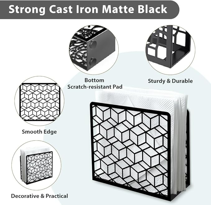 Geometric 3D Cube Decorative Black Metal Napkin Holder for Table, 5.3" x 4.9" x 1.9" 3D Cube Geometric Standing Napkin Holder for Home Kitchen Restaurant Picnic Party Coffee Bar Dining Room