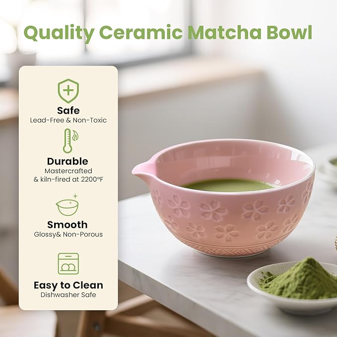 Matcha Whisk Set, Pink Matcha Kit (9 Pcs) Includes Bowl, Whisk, Holder, Scoop, Sifter, Spoon, Rest, Mat, Book - Exclusive Patented Ceramic Matcha Set for Matcha Lovers
