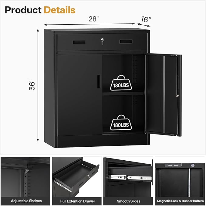 Metal Storage Cabinet 36" H, Garage Storage Cabinet with 2 Lockable Doors and 1 Drawer, Steel File Cabinets with Adjustable Shelves for Home Office, Garage, School, Apartment, Warehouse