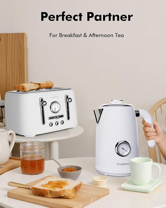 Retro Electric Tea Kettle 1L, Stainless Steel Water Boiler with Built-in Thermometer, BPA-Free, Fast Boil, Auto Shut-Off, Perfect for Home, Office, Dorm, Pure Water, Drip-Free Spout, White