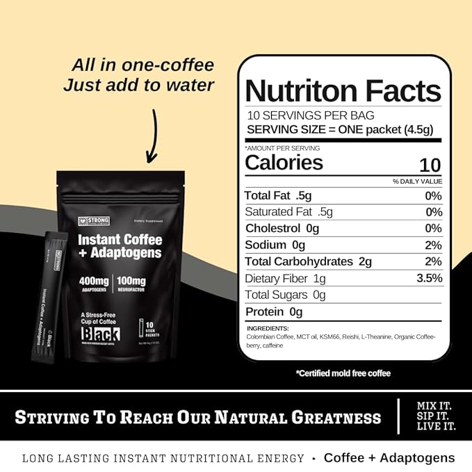 Strong Coffee Co. Instant Black Coffee - Adaptogens Organic Coffee with Ashwagandha, Reishi, MCT Oil, & L-theanine. No Jitters, No Crash (1, 10 Packets)