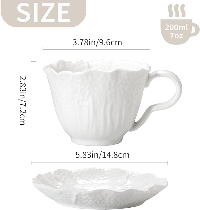 2 Pack White Ceramic Cups and Saucers Coffee Cups with Cabbage Floral Design 200ml (7 oz) Tea Cups for Espresso, Latte, Porcelain Mugs