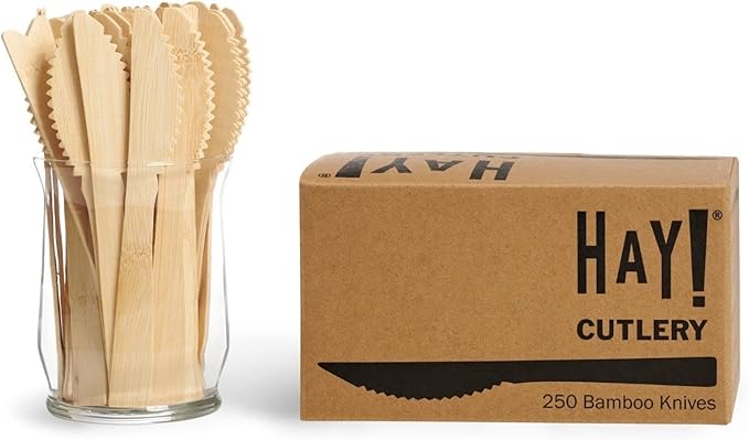 HAY! Bamboo Knives | 250 ct Unwrapped Knives | Biodegradable Utensils | Compostable & Plastic-Free | Heavy-duty Knife | For To-Go Meals or Events | Wooden Knife