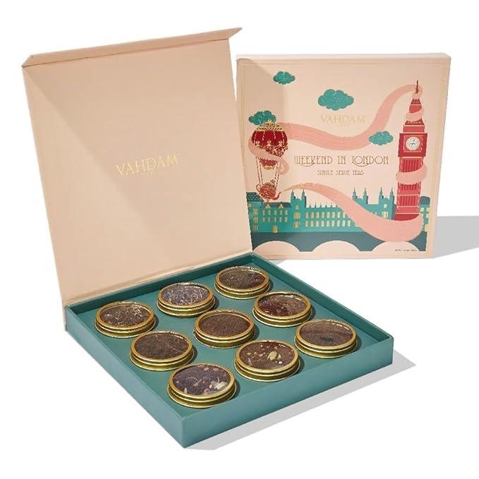 VAHDAM, Weekend in London Christmas Tea Gift Set - 9 Loose Teas | Tin Caddy Travel Edition Gift Box | Christmas 2025 Gift Ideas for Women & Men | Gluten Free, Non GMO