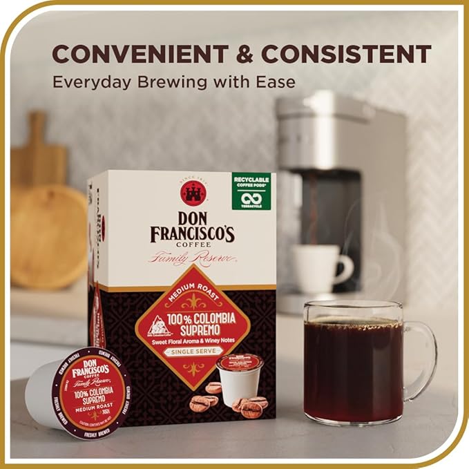 Don Francisco's Colombia Coffee - 55 K-Cup Compatible Single-Serve Pods - 100% Arabica - Recyclable through TerraCycle - Floral Aroma with Winey Notes - Compatible with Keurig Brewers