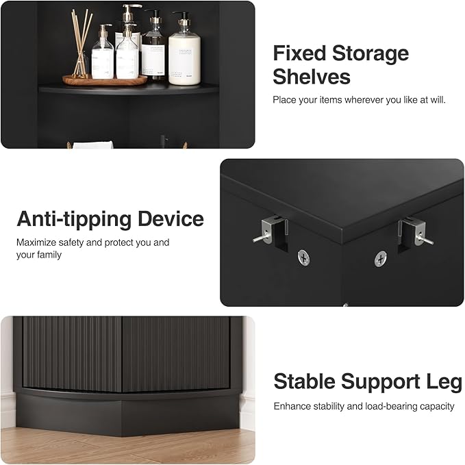 Corner Bathroom Cabinet, Modern Small Corner Cabinet with Fluted Door and Open Shelf, Space Saver for Bathroom, Living Room, Kitchen, Black