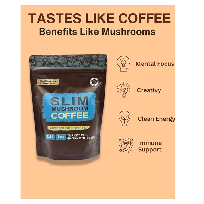 Slim Coffee with Turmeric & Mushroom Blend - Instant Mushroom Coffee with Turkey Tail & Shitake, Light Roast, Smooth Texture, Boosts Metabolism & Energy