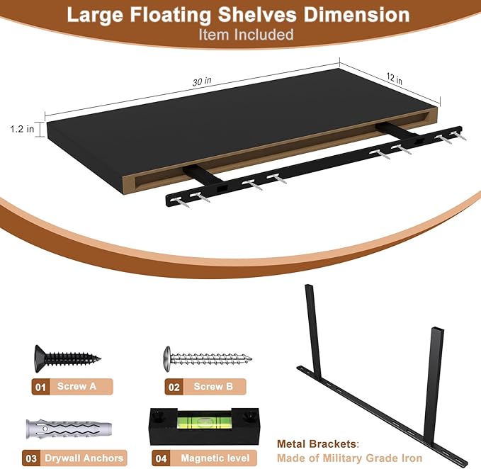 12 Inch Deep Floating Shelves for Wall 3 Pack Floating Shelfs Large Storage Space Wall Decor Display Shelf for Bathroom Living Room Bedroom Kitchen 30" W x 12" D x 1.2" H Black