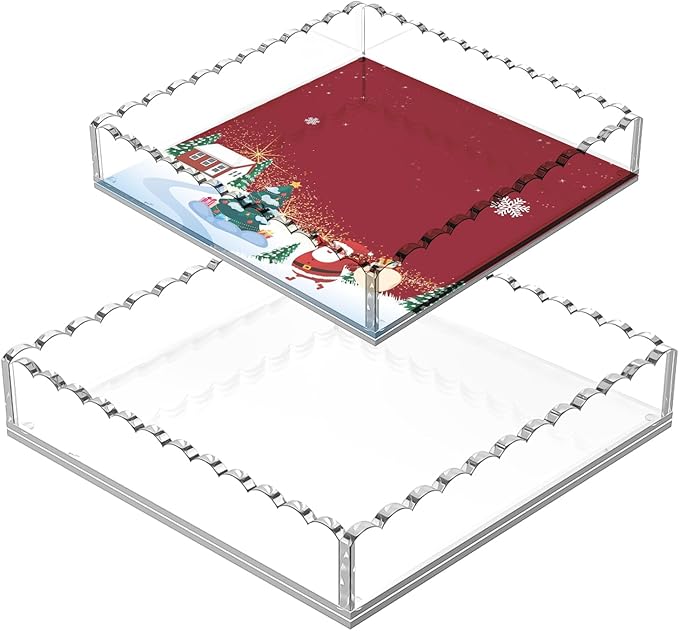 Dual-Size Scalloped Acrylic Serving Set (10"&8") w/Magnetic Panels - Clear-View Tray for Dining Tables, Non-Slip Pads Secure Plates & Glasses, Housewarming/Restaurant Gift