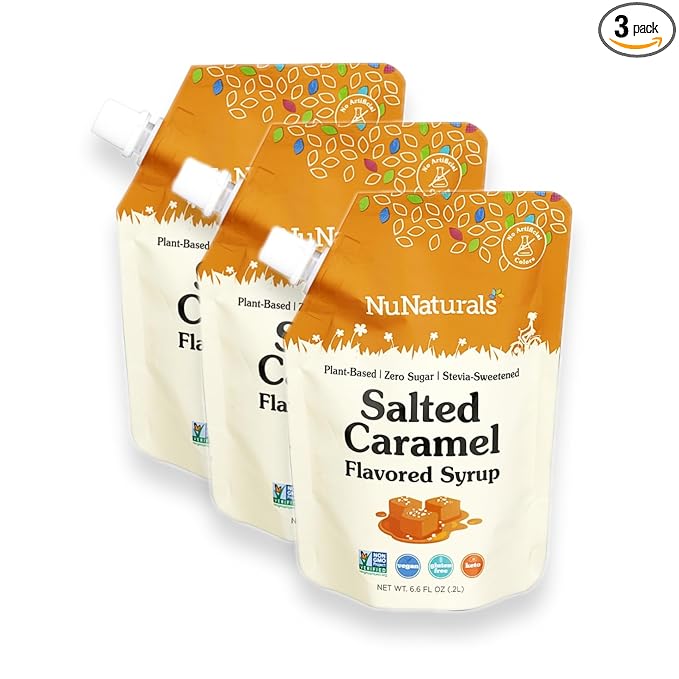 NuNaturals Stevia Syrup, Sugar-Free Sweetener, Plant-Based Sugar Substitute, Zero Calorie, Salted Caramel, 6.6 oz (3-Pack)