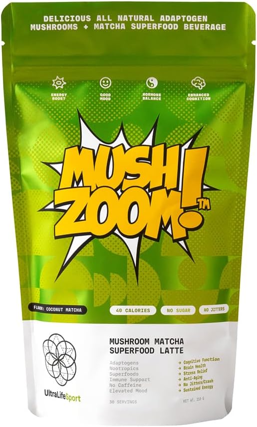 Ultra Life Sport - Mush Zoom - Energizing Coconut Matcha Focus & Vitality Blend - 30 Servings, Organic Mushroom Powder Drink - 7 Mushrooms Supplement Complex - Coconut Matcha Flavor, 100% Vegan