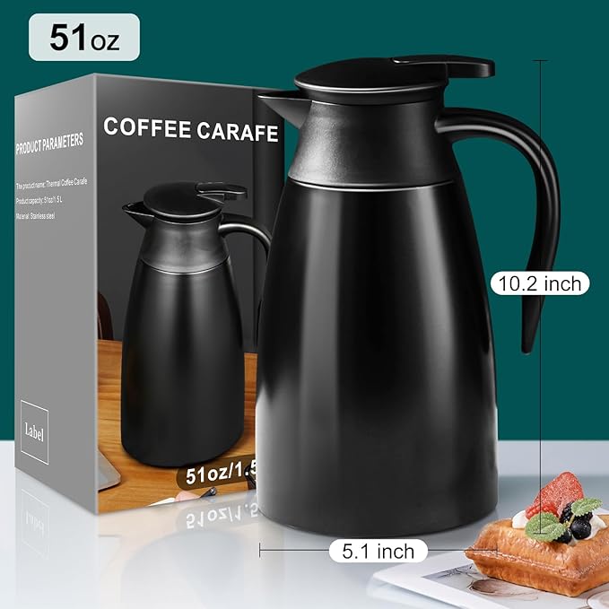 PARACITY Coffee Carafes for Keeping Hot, 18/8 Carafe for Hot Liquids, Double Wall Vacuum Insulated Thermal Coffee Carafe, 51 OZ Coffee Carafes for Keeping Hot Coffee& Tea with Cleaner Brush (Black)