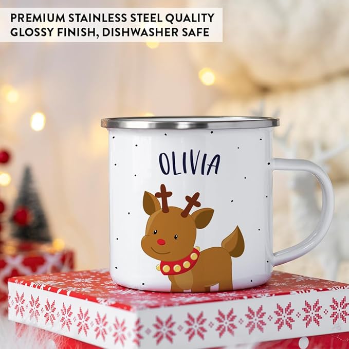 Andaz Press Personalized Name 11oz. Kids Christmas Hot Chocolate Stainless Steel Campfire Coffee Mug, Adorable Rudolph Reindeer Red Collar, 1-Pack, Custom Birthday Xmas Cup Kids Hot Chocolate Mug