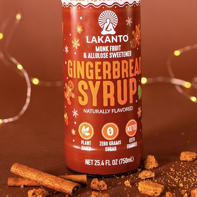 Lakanto Gingerbread Simple Syrup - Perfect for Coffee, Tea, Lattes, Smoothies, Cocktails, Baking & Holiday Drinks, Monk Fruit Sweetener with Allulose Zero Sugar, Keto Diabetic Friendly (25.4 Fl Oz)