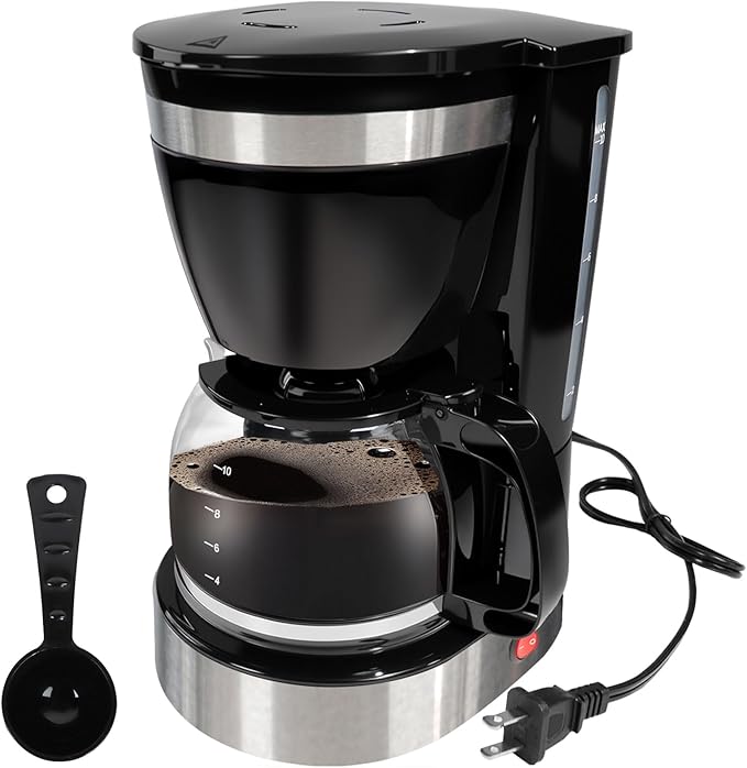 10 Cup Drip Coffee Maker One-Touch Anti-Drip Coffee Machine with Reusable Filter Carafe Auto Keep Warm Plate Spoon Coffee Pot Suitable for Home Use 110V
