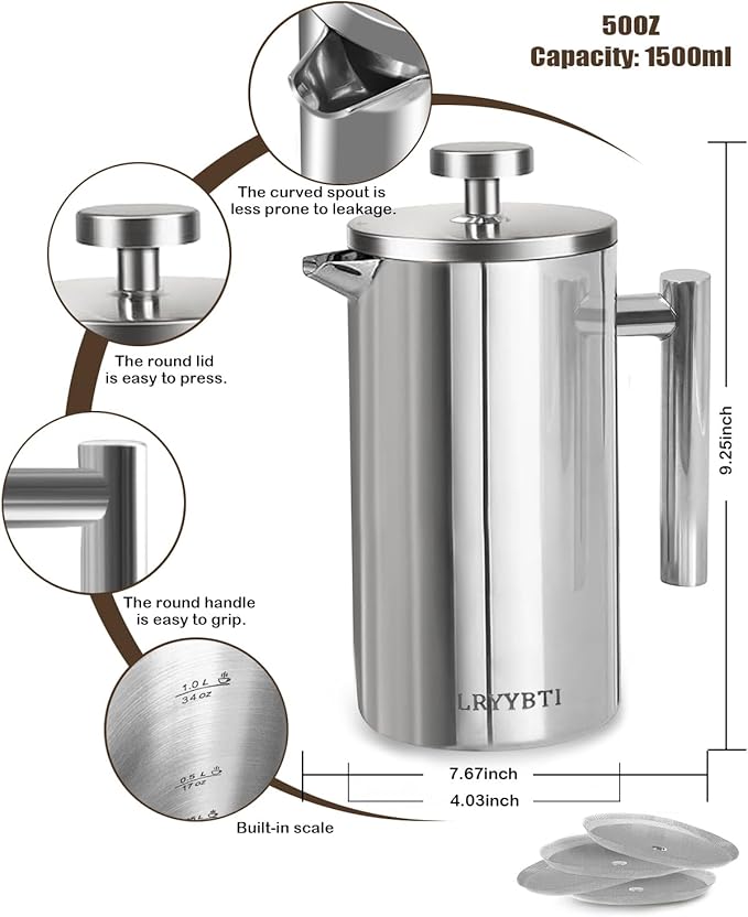 French Press Coffee Maker,304 Stainless Steel Coffee Press with scale lines and 2 Extra Filters for Kitchen & Camping (Silver, 50 OZ) 1.5 Litre