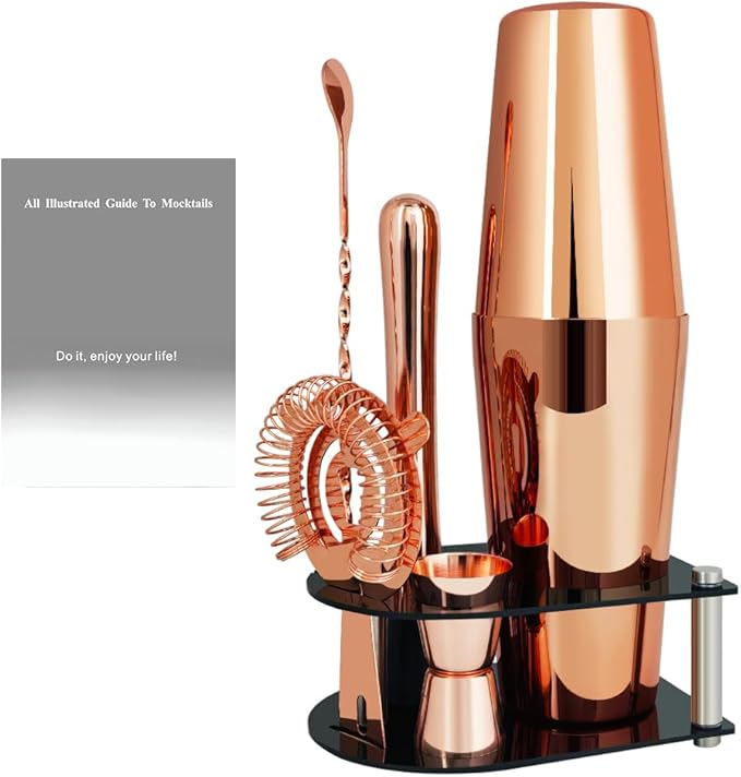 5 Piece Cocktail Shaker Bartender Kit: 750/600ml(25/20oz) Cocktail Shaker Set with Stand, Drink Mixing Includes Martini Shaker,Strainer,Jigger,Bar Mixer Spoon,Muddler Bar Tool Set (Rose Copper)