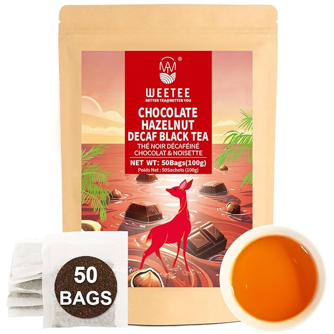 WT WEETEE Chocolate Hazelnut Decaf Black Tea Bags 50 Count, No Sugar, Nut-Free, Flavored CO₂ Decaffeinated Black Tea, Rich & Smooth Gourmet Dessert Tea