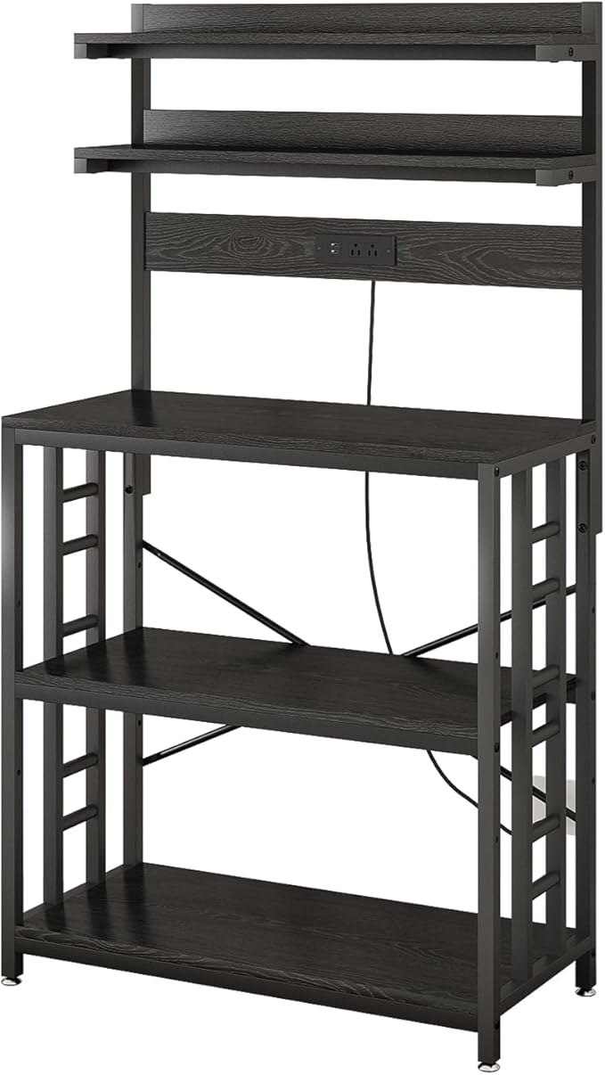 Adjustable Bakers Rack with Power Outlet,Coffee Bar Station with Led Lights,Microwave Stand with Storage,5-Tier Kitchen Shelf,Kitchen Storage Rack for Spices, Pots and Pans,Rustic Brown,Black