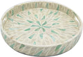 I-lan 12 Inch Round Beige Green Mother of Pearl Severing Tray with Handle and 2 Inch Side, Lacquer Wooden Shell Decorative Plate, Gorgeous Inlay Nacre Ottoman Tray for Food, Breakfast, Coffee Table, S