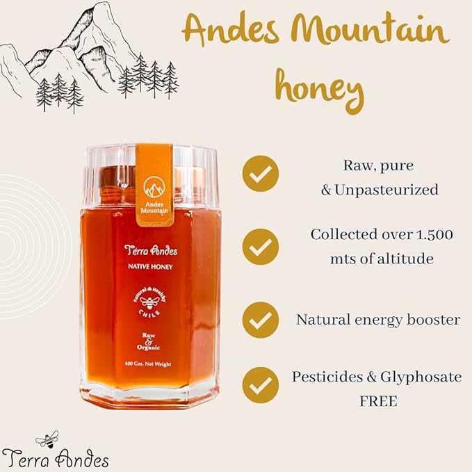 Terra Andes Raw and Unfiltered Honey - Andes Mountain Luxury Edition. 14.1 oz