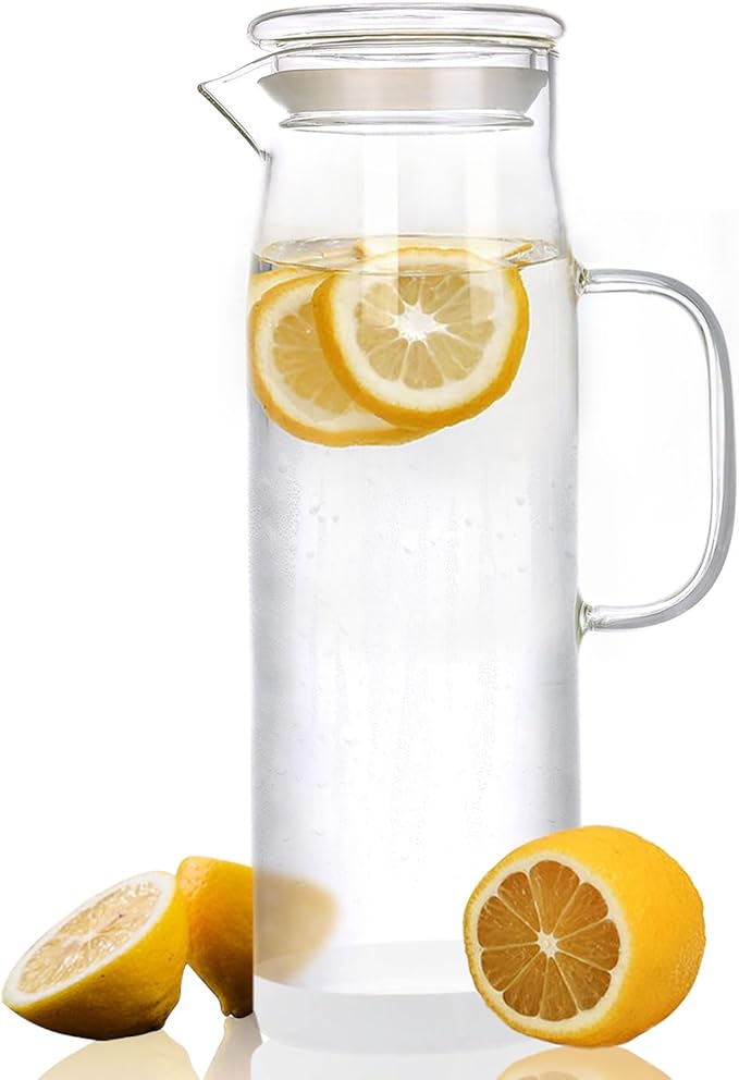 hjn Glass Water Pitcher with Lid Glass Water Carafe with Handle, Fridge Water Jug for Cold or Hot Beverages,Iced Tea,Milk,Juice 1500ml/51oz & glass lid