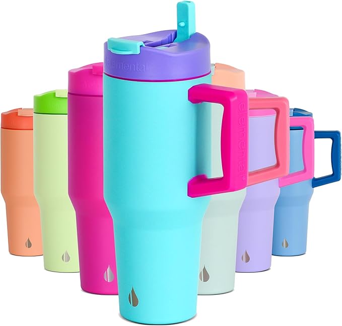 Elemental 32 oz 100% Leak Proof Tumbler with Handle & Straw - Stainless Steel Double Wall Insulated Tumbler for Hot and Cold Beverages - Travel Coffee Mug with Sip & Straw Lid - Blue Tie Dye