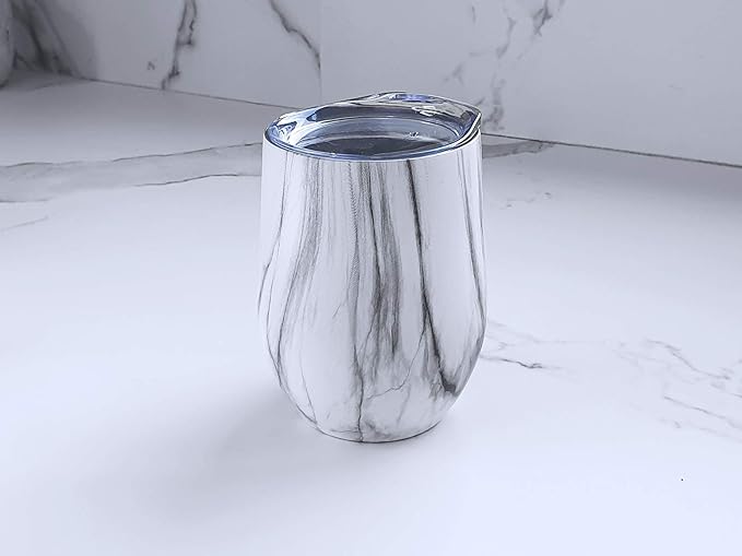 CHILLOUT LIFE 12 oz Stainless Steel Wine Tumblers 4 Pack - Double Wall Vacuum Insulated Wine Glasses Cups with Lids and Straws Set Keeping Cold & Hot for Coffee, Beer, Ice Cream - Carrara Marble