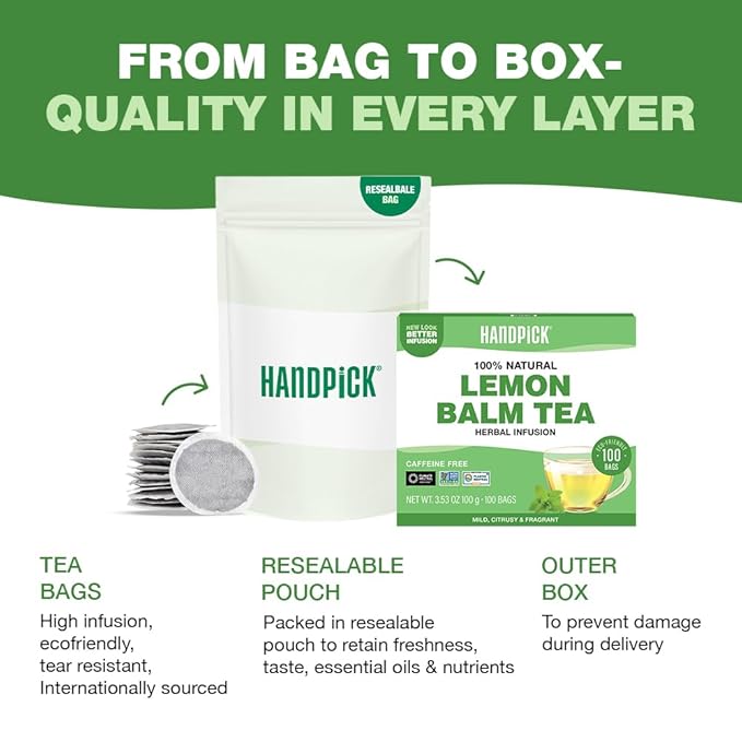 HANDPICK Lemon Balm Tea Bags – 100 Count | 100% Pure & Naturally Dried | Caffeine-Free Herbal Tea with Citrus Flavor & Aroma | Premium Lemon Balm Leaf