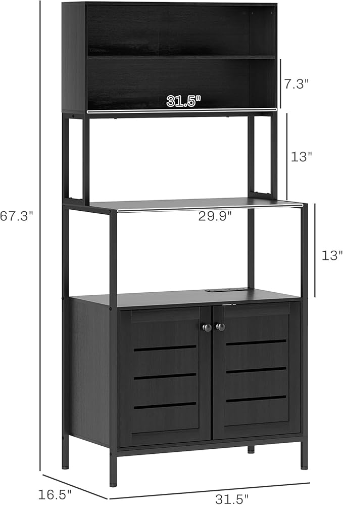 HOMCOM Kitchen Bakers Rack with Power Outlet, Coffee Bar Cabinet with Storage Shelves, Microwave Stand with Louvred Door Cabinets, Black