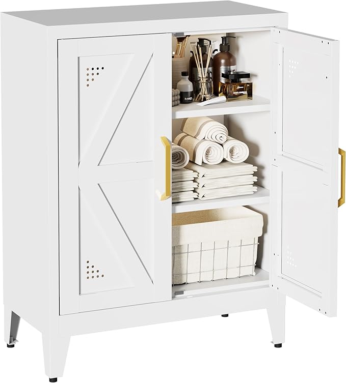 32" Metal Kitchen Pantry Cabinet,Floor Bathroom Storage Cabinet with 2 Adjustable Shelves,Freestanding Sideboard for Small Spaces, Living Room, Hallway, Dining Room,White