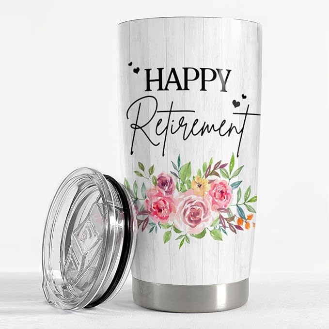 SANDJEST Happy Retirement Tumbler Stainless Steel Insulated Tumbler 20oz Retirement Gift for Women Retired Gifts Farewell Drinking Cups For Female Coworker Boss Colleague Friends