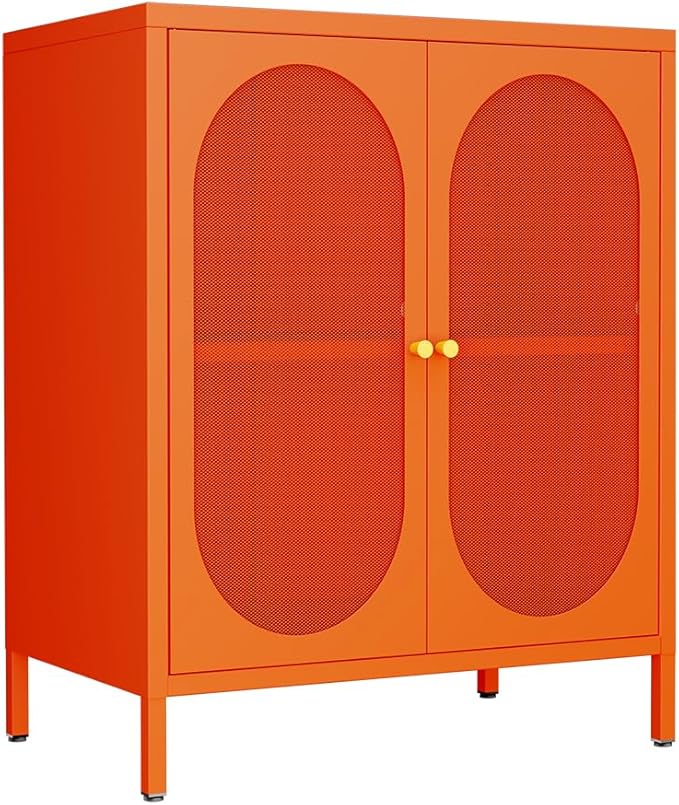 Small 2 Transparent Door Metal Storage Side Buffet Cabinet for Bed Room,Living Room,Entryway,Hallway,Home,Hotel,Office,Garage,Kitchen,1 Removable Shelf. (Mesh Door, Orange)