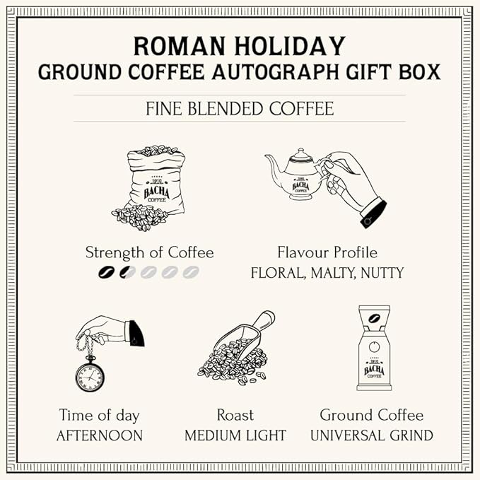 Bacha Coffee | Roman Holiday Fine Blended Coffee, Autograph Collection, 100% Arabica Specialty Coffee, Ground Beans, Medium Light Roast, 250g & 100% Natural Unbleached Wood Fibre Paper Filters, Large