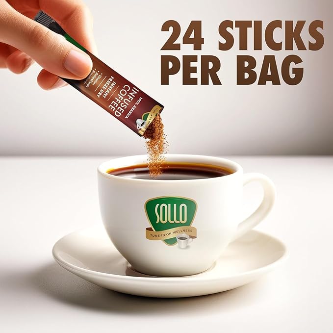 Sollo Super 6 Mushroom Blend Instant Coffee Sticks – 24 Servings | 6 Functional Mushrooms + Vitamins | Medium-Dark Roast 100% Arabica | Freeze-Dried | Single-Serve Sticks