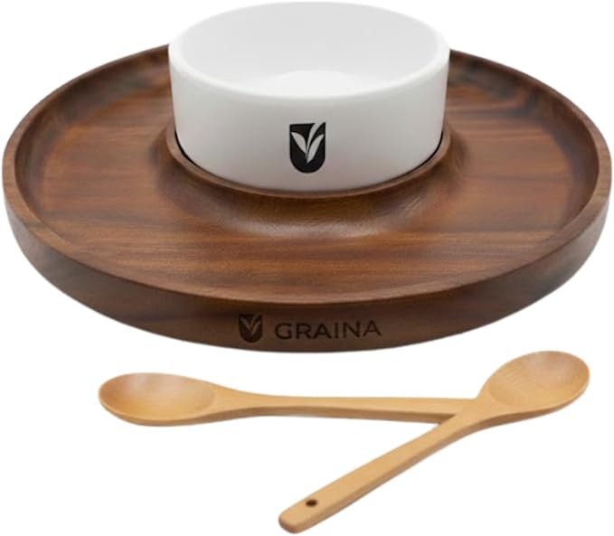 Graina Premium Wooden Chip and Dip Serving Tray Set – Dark Walnut Large Serving Tray with Ceramic Dip Bowl & 2 Wooden Spoons – Chip and Dip Bowl Set for Chips, Snack & Entertaining | Appetizer Platter